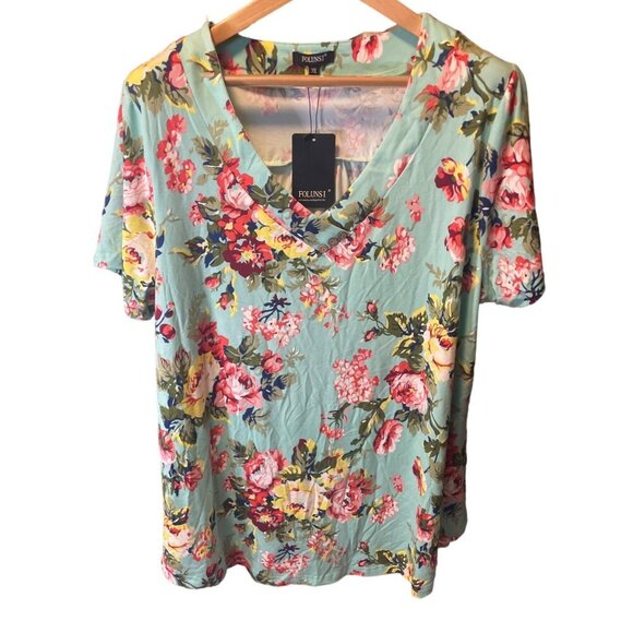 Folunsi NWT Light Green Floral Short Sleeved Tunic Top Sz 3X - Picture 1 of 7